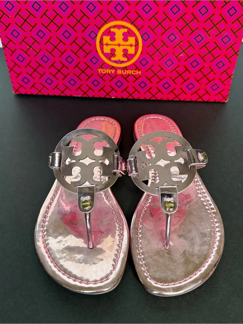 New! Tory Burch Metallic Pink Miller Thong Sandals - size 5.5